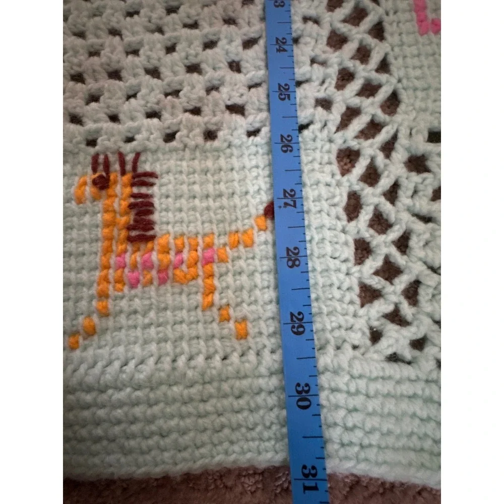 Vintage Handmade Crochet Baby Blanket Animal Cross Stitch Mint Green 34x31
